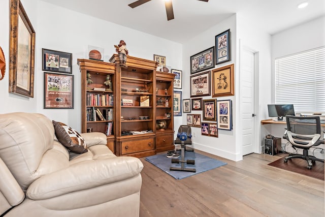 office area with wood finished floors, ceiling fan, recessed lighting, and baseboards