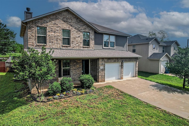 2811 W Washington St, Denison, TX 75020 - traditional-style house featuring a chimney, brick siding, a garage, driveway, and a front yard