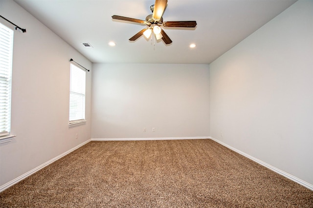 2811 W Washington St, Denison, TX 75020 - carpeted spare room with recessed lighting, a ceiling fan, visible vents, and baseboards