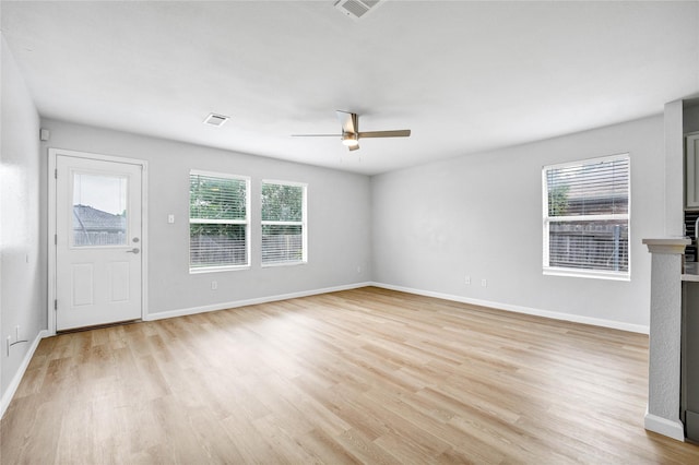 unfurnished living room featuring visible vents, a ceiling fan, light wood finished floors, and baseboards