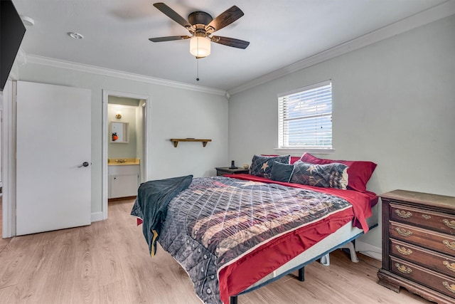 bedroom with a ceiling fan, ornamental molding, wood finished floors, and ensuite bathroom