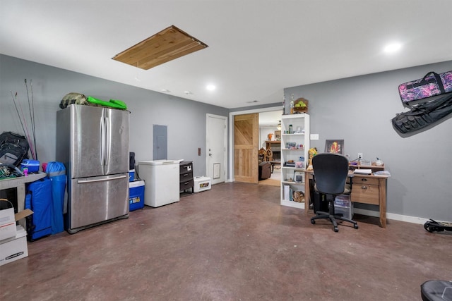 office featuring finished concrete floors, recessed lighting, baseboards, and electric panel