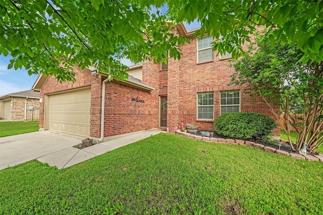 view of front of property featuring a garage, brick siding, a front lawn, and driveway