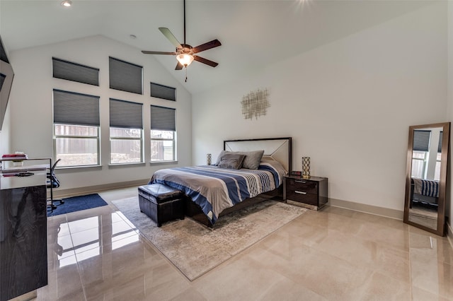 bedroom with high vaulted ceiling and ceiling fan