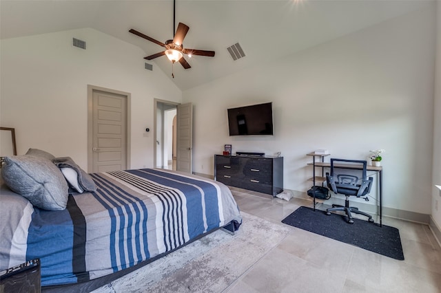 bedroom featuring a ceiling fan, visible vents, and high vaulted ceiling