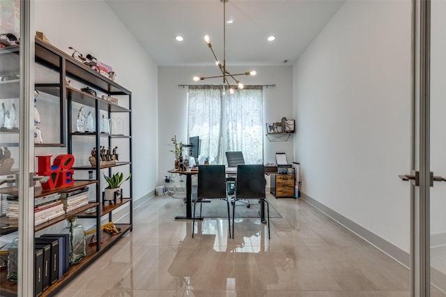 office space featuring a chandelier, baseboards, light tile patterned floors, and recessed lighting