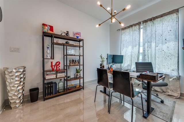 office with a chandelier, tile patterned flooring, and baseboards