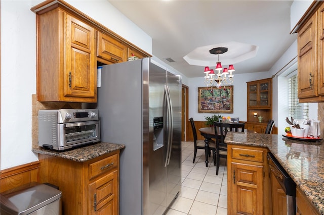 1515 Brighton Dr, Carrollton, TX 75007 - kitchen featuring a chandelier, brown cabinetry, stainless steel refrigerator with ice dispenser, a toaster, and dishwasher