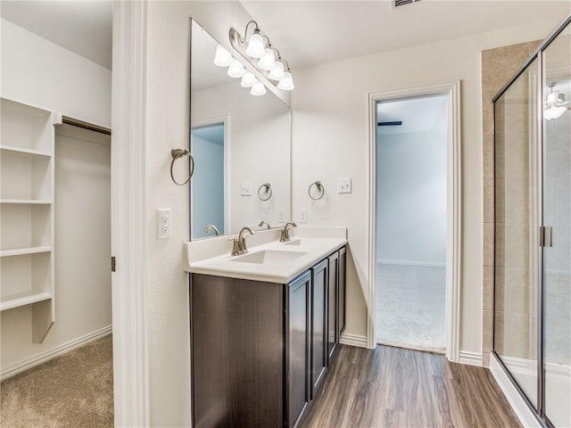 bathroom with double vanity, a spacious closet, a shower stall, and a sink