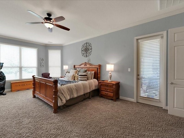 bedroom with ornamental molding, a ceiling fan, visible vents, and light colored carpet