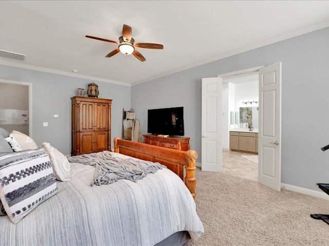 bedroom featuring light colored carpet, visible vents, crown molding, and baseboards