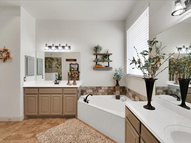 full bath with a garden tub, two vanities, a sink, and a shower