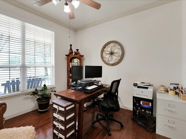 home office with crown molding, ceiling fan, hardwood / wood-style floors, and baseboards