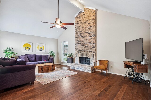 living room featuring high vaulted ceiling, ceiling fan, beam ceiling, and wood finished floors