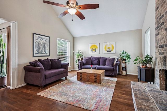 living room with dark wood-style flooring, ceiling fan, high vaulted ceiling, and baseboards