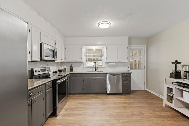 1701 W Birge St, Sherman, TX 75092 - kitchen featuring appliances with stainless steel finishes, a sink, white cabinetry, light wood finished floors, and gray cabinetry