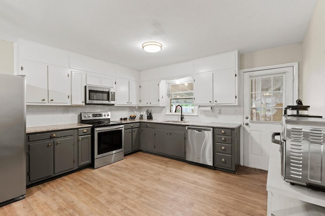 1701 W Birge St, Sherman, TX 75092 - kitchen with appliances with stainless steel finishes, gray cabinets, a sink, light wood-style flooring, and white cabinetry