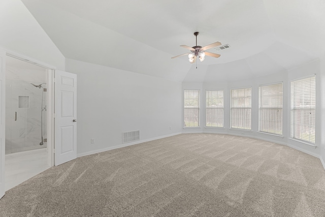 1716 Yarmouth Ln, Mansfield, TX 76063 - carpeted spare room featuring visible vents, ceiling fan, vaulted ceiling, and baseboards
