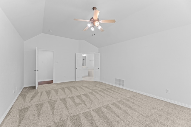 1716 Yarmouth Ln, Mansfield, TX 76063 - additional living space with ceiling fan, visible vents, vaulted ceiling, baseboards, and carpet floors