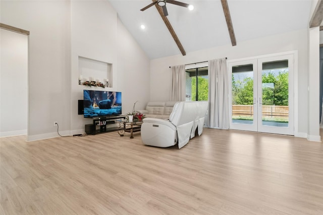 living area featuring ceiling fan, light wood-style floors, baseboards, beam ceiling, and high vaulted ceiling