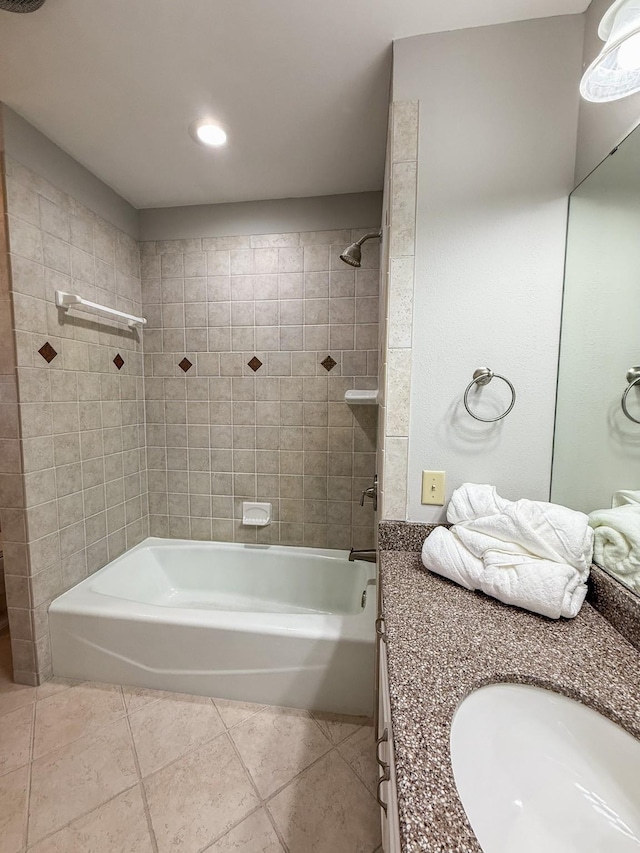 full bath with double vanity, bathing tub / shower combination, tile patterned flooring, and a sink