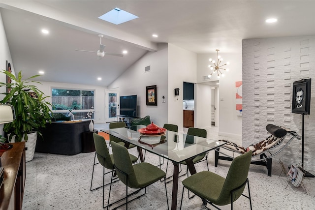 dining space with beam ceiling, light speckled floor, recessed lighting, and high vaulted ceiling