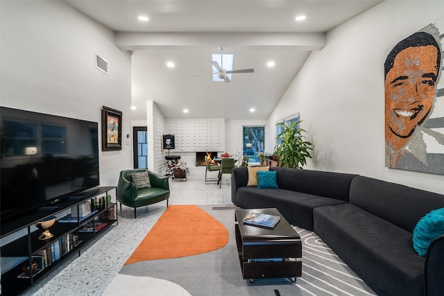 living area featuring visible vents, ceiling fan, beam ceiling, recessed lighting, and high vaulted ceiling