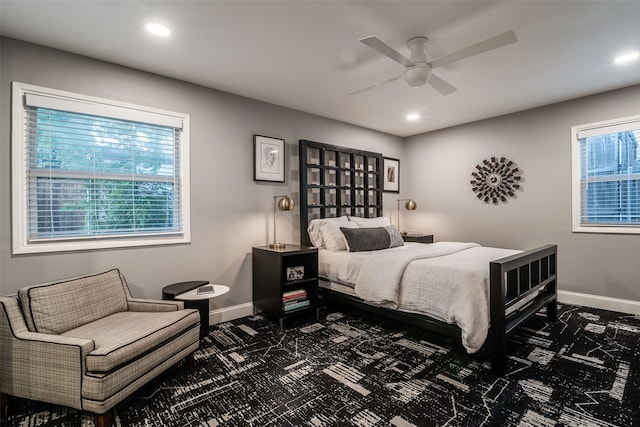 carpeted bedroom with ceiling fan, recessed lighting, and baseboards