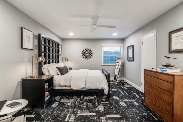 bedroom featuring baseboards, dark colored carpet, a ceiling fan, and recessed lighting