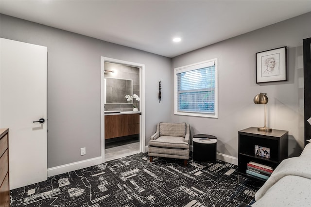 bedroom with recessed lighting, carpet flooring, connected bathroom, and baseboards