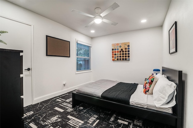 carpeted bedroom with recessed lighting, ceiling fan, and baseboards
