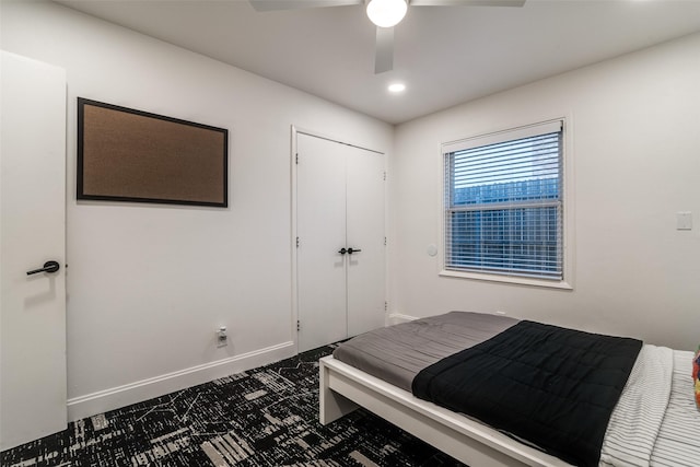bedroom with recessed lighting, a ceiling fan, and baseboards