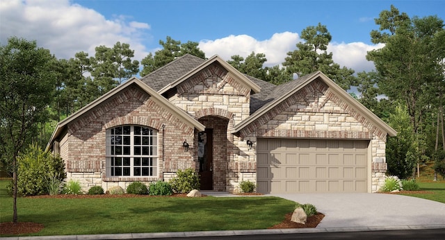 french country home featuring brick siding, driveway, stone siding, a front lawn, and an attached garage