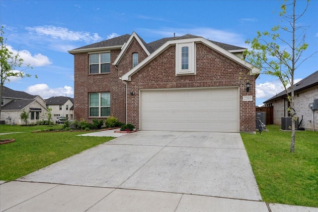 2203 Lannister St, Mansfield, TX 76063 - traditional-style home with brick siding, cooling unit, a front yard, and concrete driveway