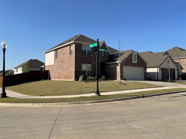 view of front of property featuring fence, a front yard, brick siding, concrete driveway, and an attached garage