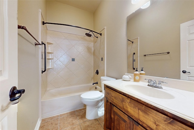 bathroom featuring toilet, tile patterned flooring, bathing tub / shower combination, and vanity