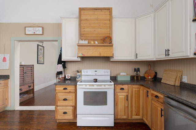 kitchen with dark wood-style floors, white electric range oven, baseboards, stainless steel dishwasher, and dark countertops