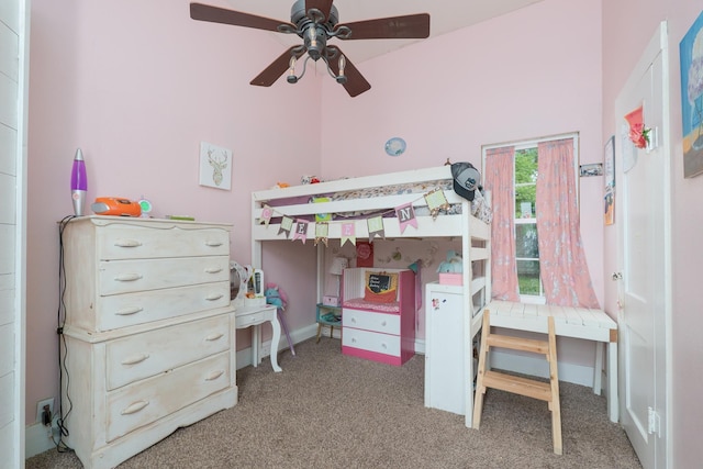 bedroom with ceiling fan and carpet