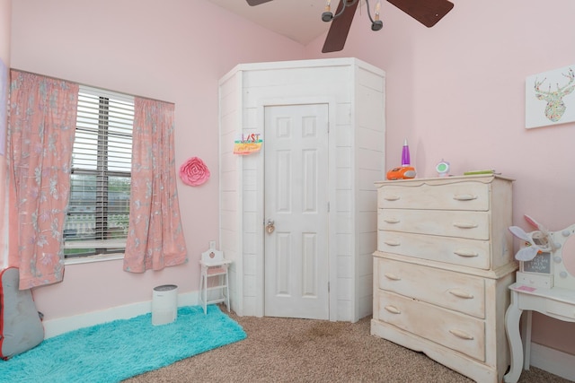 carpeted bedroom with ceiling fan