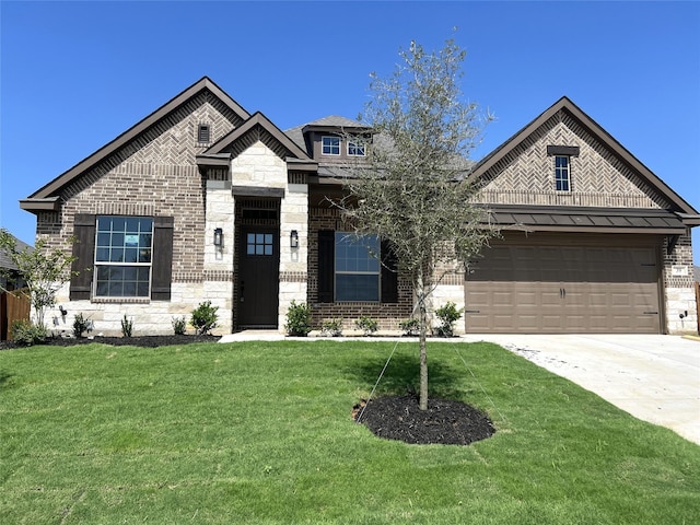 39 Magpie, Joshua, TX 76058 - french country inspired facade with driveway, an attached garage, a front lawn, brick siding, and stone siding