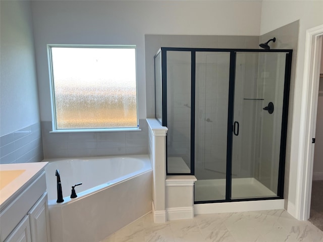 39 Magpie, Joshua, TX 76058 - full bath featuring a stall shower, a garden tub, vanity, and marble look tile flooring