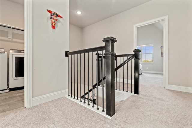 6246 Rilla St, Frisco, TX 75035 - stairs featuring baseboards, recessed lighting, carpet flooring, and independent washer and dryer