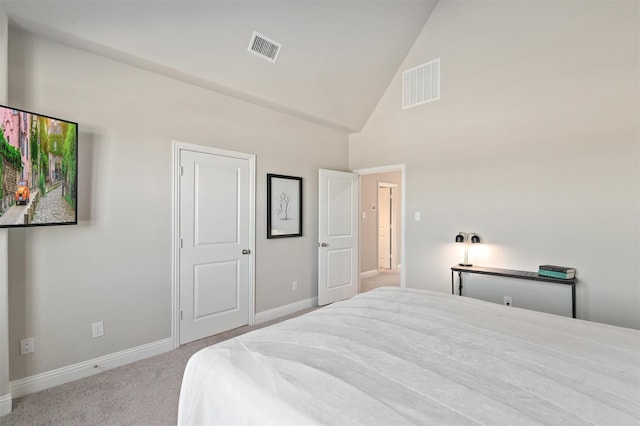 6246 Rilla St, Frisco, TX 75035 - bedroom featuring carpet, visible vents, high vaulted ceiling, and baseboards