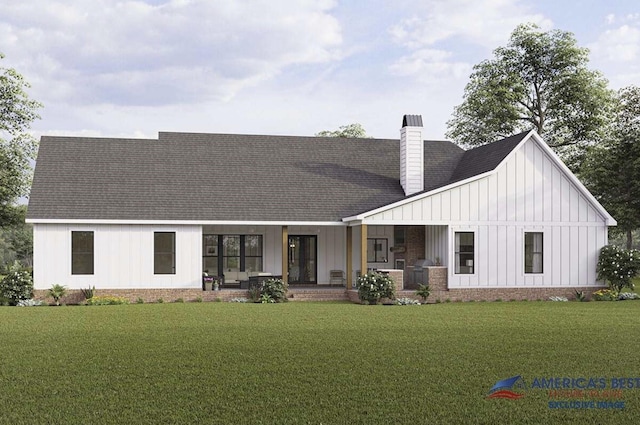 modern farmhouse style home with board and batten siding, a chimney, roof with shingles, covered porch, and a front lawn