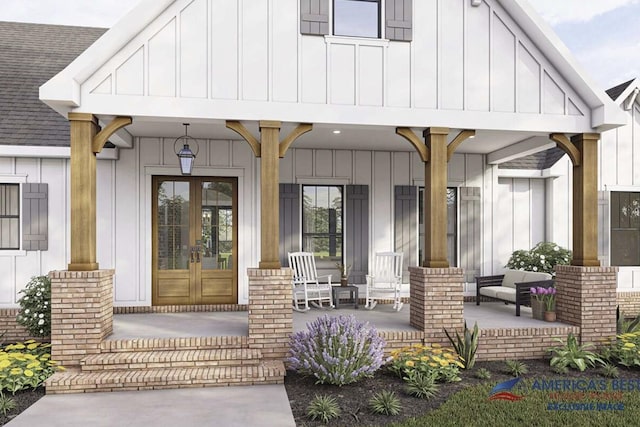 doorway to property with covered porch, board and batten siding, french doors, and a shingled roof