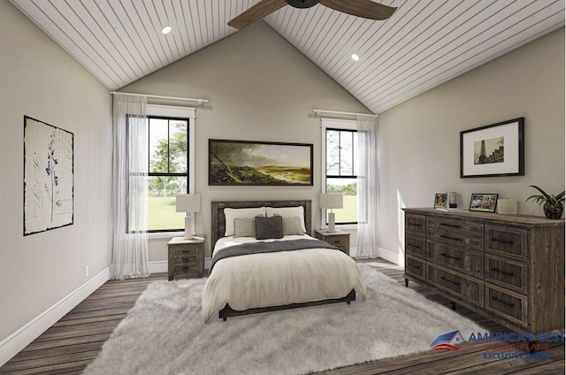 bedroom with wood ceiling, multiple windows, lofted ceiling, and baseboards