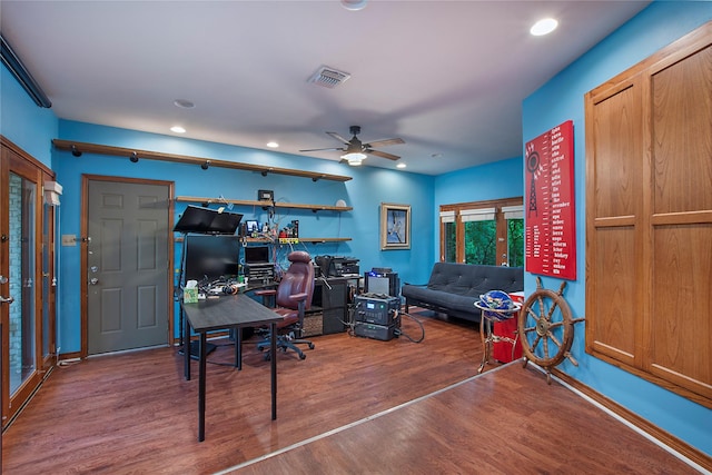 office area featuring a ceiling fan, visible vents, wood finished floors, and recessed lighting