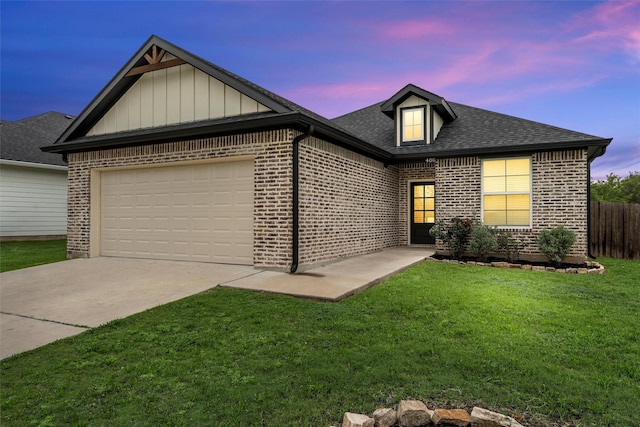single story home with brick siding, driveway, board and batten siding, roof with shingles, and an attached garage
