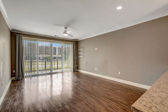 spare room featuring recessed lighting, crown molding, baseboards, a ceiling fan, and dark wood-style floors