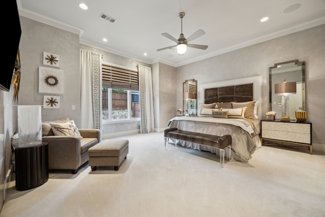 816 Rhone Ln, Southlake, TX 76092 - carpeted bedroom with crown molding, recessed lighting, baseboards, and ceiling fan